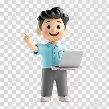 3d character wearing a light blue bolo shirt and dark gray pants this protecting a laptop and pointing to the side with his hand, dark hair with a smile on his face white background