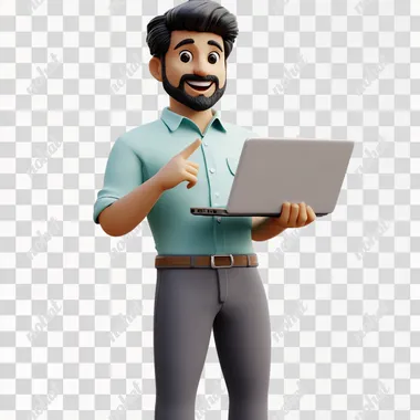 3d character wearing a light blue bolo shirt and dark gray pants this protecting a laptop and pointing to the side with his hand, dark hair with a smile on his face white background