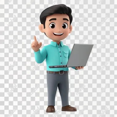 3d character wearing a light blue bolo shirt and dark gray pants this protecting a laptop and pointing to the side with his hand, dark hair with a smile on his face white background