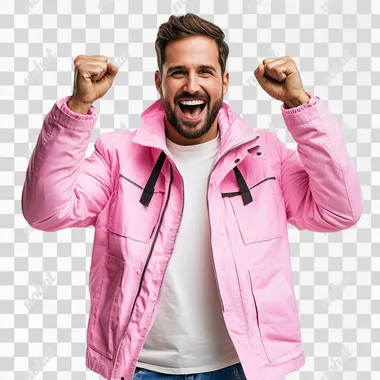 European male, wearing pink jacket, joyful, full-length, real photo, correct anatomy of body and face, on white background