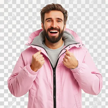 European male, wearing pink jacket, joyful, full-length, real photo, correct anatomy of body and face, on white background