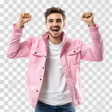 European male, wearing pink jacket, joyful, full-length, real photo, correct anatomy of body and face, on white background