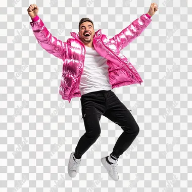 European male, wearing pink jacket, joyful, full-length, real photo, correct anatomy of body and face, on white background