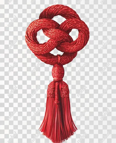 Chinese knot, in the style of red color, with tassels on the bottom, in a clip art style, on a white background.