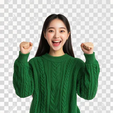 A beautiful Chinese woman in a green sweater shouts happily to the front, pure white background, front portrait, super realistic