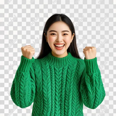 A beautiful Chinese woman in a green sweater shouts happily to the front, pure white background, front portrait, super realistic