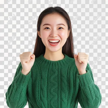 A beautiful Chinese woman in a green sweater shouts happily to the front, pure white background, front portrait, super realistic