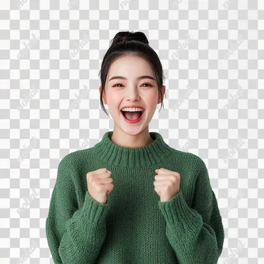 A beautiful Chinese woman in a green sweater shouts happily to the front, pure white background, front portrait, super realistic