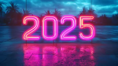 A modern, neon-style "2025" sign with a white outline that glows against a plain background.on a white background..   --s 250