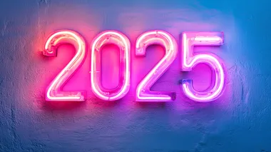 A modern, neon-style "2025" sign with a white outline that glows against a plain background.on a white background..   --s 250