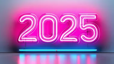 A modern, neon-style "2025" sign with a white outline that glows against a plain background.on a white background..   --s 250