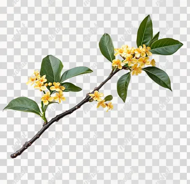 A single osmanthus tree branch with yellow flowers and green leaves, against a white background, captured in high-definition photography.