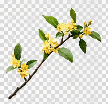A single osmanthus tree branch with yellow flowers and green leaves, against a white background, captured in high-definition photography.