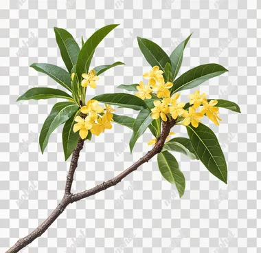 A single osmanthus tree branch with yellow flowers and green leaves, against a white background, captured in high-definition photography.