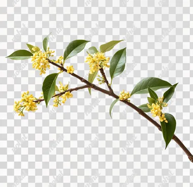 A single osmanthus tree branch with yellow flowers and green leaves, against a white background, captured in high-definition photography.