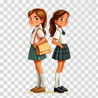 semi- realistic, cartoonish artstyle with dim line art, colorful illustration, 10 years old Caucasian girls, The two small girls are in school uniform standing, white background