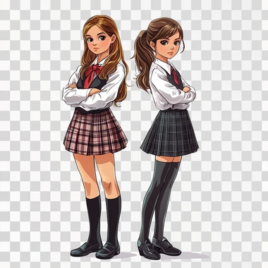 semi- realistic, cartoonish artstyle with dim line art, colorful illustration, 10 years old Caucasian girls, The two small girls are in school uniform standing, white background