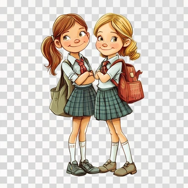semi- realistic, cartoonish artstyle with dim line art, colorful illustration, 10 years old Caucasian girls, The two small girls are in school uniform standing, white background