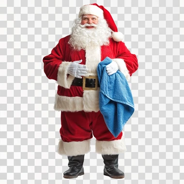 santa claus complete body, santa claus standing with a blue towel in his left hand, isolated transparent backgroud