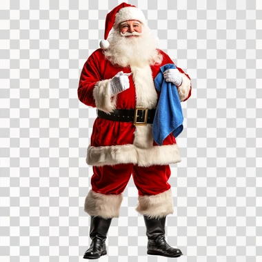 santa claus complete body, santa claus standing with a blue towel in his left hand, isolated transparent backgroud