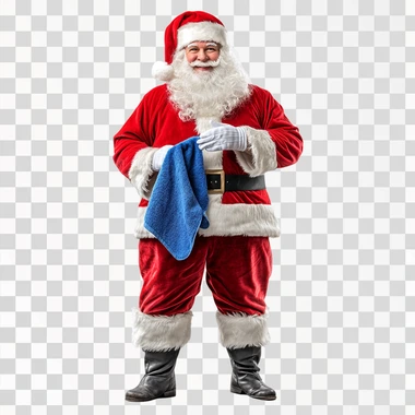 santa claus complete body, santa claus standing with a blue towel in his left hand, isolated transparent backgroud