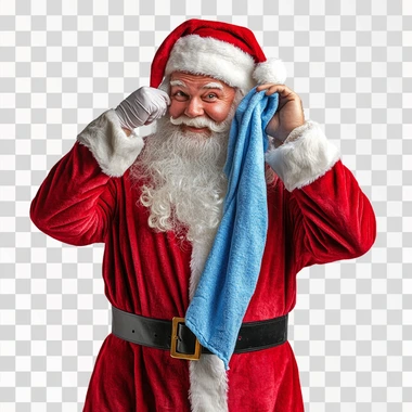 santa claus complete body, santa claus standing with a blue towel in his left hand, isolated transparent backgroud