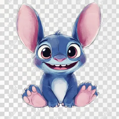 Stitch from the cartoon Lilo & Stitch, simple doodle drawing, white background, cute and happy expression, cute eyes, pink ears, blue body with large oversized purple feet, smiling mouth open showing teeth, big smile, cute baby face, small black nose, solid border around character, cute watercolor clipart style, simple hand drawn vector illustration, high resolution, professional color palette, white background, high detail, no text or letters in picture. No shadows. Pixar style.