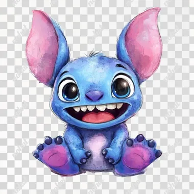 Stitch from the cartoon Lilo & Stitch, simple doodle drawing, white background, cute and happy expression, cute eyes, pink ears, blue body with large oversized purple feet, smiling mouth open showing teeth, big smile, cute baby face, small black nose, solid border around character, cute watercolor clipart style, simple hand drawn vector illustration, high resolution, professional color palette, white background, high detail, no text or letters in picture. No shadows. Pixar style.
