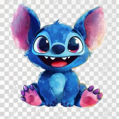 Stitch from the cartoon Lilo & Stitch, simple doodle drawing, white background, cute and happy expression, cute eyes, pink ears, blue body with large oversized purple feet, smiling mouth open showing teeth, big smile, cute baby face, small black nose, solid border around character, cute watercolor clipart style, simple hand drawn vector illustration, high resolution, professional color palette, white background, high detail, no text or letters in picture. No shadows. Pixar style.