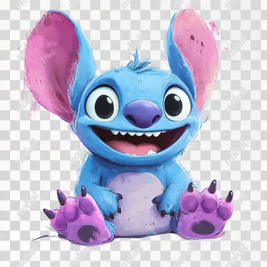 Stitch from the cartoon Lilo & Stitch, simple doodle drawing, white background, cute and happy expression, cute eyes, pink ears, blue body with large oversized purple feet, smiling mouth open showing teeth, big smile, cute baby face, small black nose, solid border around character, cute watercolor clipart style, simple hand drawn vector illustration, high resolution, professional color palette, white background, high detail, no text or letters in picture. No shadows. Pixar style.