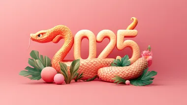 The number "2025" is composed of 3D letters, surrounded by a golden snake. The background color has a subtle gradient effect. It uses flat illustrations and soft colors to create a festive atmosphere for the Chinese New Year.