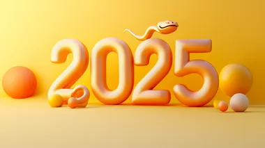 The number "2025" is composed of 3D letters, surrounded by a golden snake. The background color has a subtle gradient effect. It uses flat illustrations and soft colors to create a festive atmosphere for the Chinese New Year.