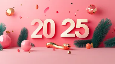 The number "2025" is composed of 3D letters, surrounded by a golden snake. The background color has a subtle gradient effect. It uses flat illustrations and soft colors to create a festive atmosphere for the Chinese New Year.