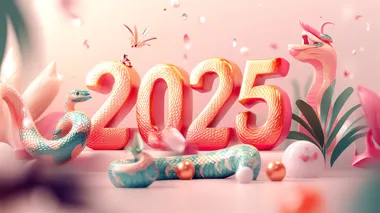 The number "2025" is composed of 3D letters, surrounded by a golden snake. The background color has a subtle gradient effect. It uses flat illustrations and soft colors to create a festive atmosphere for the Chinese New Year.
