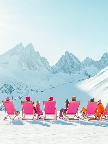 Five foldable deck chairs in a bright pink color, arranged in a neat row on a pristine snowy surface. Each chair is occupied by stylish women dressed in chic, vibrant ski suits, creating a lively and fashionable atmosphere. The chairs feature sleek designs with matching pink fabric. In the background, towering, snow-covered mountains rise against a clear blue sky, while the sunlight casts a soft glow, illuminating the snow and adding a warm, inviting feel to the scene --s 50