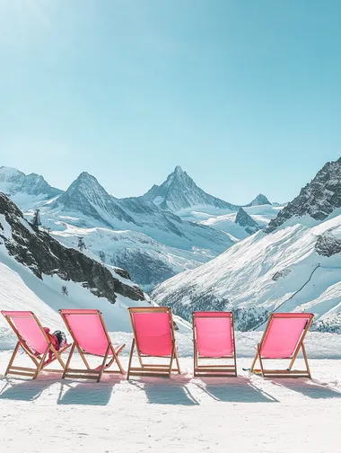 Five foldable deck chairs in a bright pink color, arranged in a neat row on a pristine snowy surface. Each chair is occupied by stylish women dressed in chic, vibrant ski suits, creating a lively and fashionable atmosphere. The chairs feature sleek designs with matching pink fabric. In the background, towering, snow-covered mountains rise against a clear blue sky, while the sunlight casts a soft glow, illuminating the snow and adding a warm, inviting feel to the scene --s 50