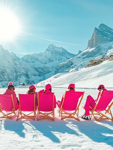 Five foldable deck chairs in a bright pink color, arranged in a neat row on a pristine snowy surface. Each chair is occupied by stylish women dressed in chic, vibrant ski suits, creating a lively and fashionable atmosphere. The chairs feature sleek designs with matching pink fabric. In the background, towering, snow-covered mountains rise against a clear blue sky, while the sunlight casts a soft glow, illuminating the snow and adding a warm, inviting feel to the scene --s 50