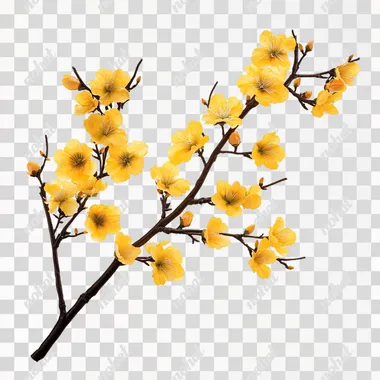 a branch of yellow blossoms, white background, simple, realistic