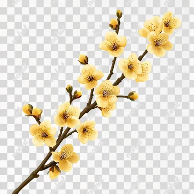 a branch of yellow blossoms, white background, simple, realistic