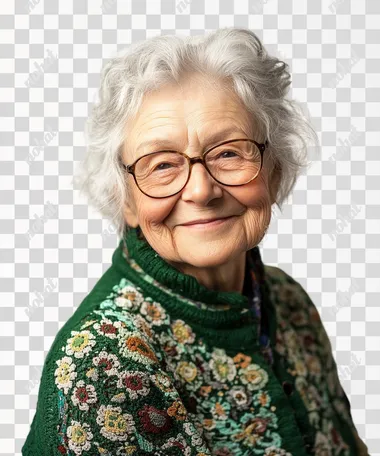 studio photography of old woman smiling with closed mounth. Her clothing has green details. She is looking at something on the left. White solid background.