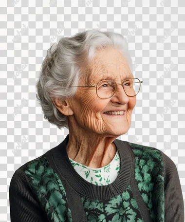 studio photography of old woman smiling with closed mounth. Her clothing has green details. She is looking at something on the left. White solid background.