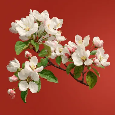 A branch of a blossoming apple tree, on a red background, super realistic --raw