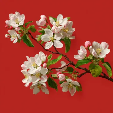 A branch of a blossoming apple tree, on a red background, super realistic --raw