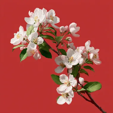 A branch of a blossoming apple tree, on a red background, super realistic --raw