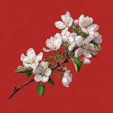A branch of a blossoming apple tree, on a red background, super realistic --raw