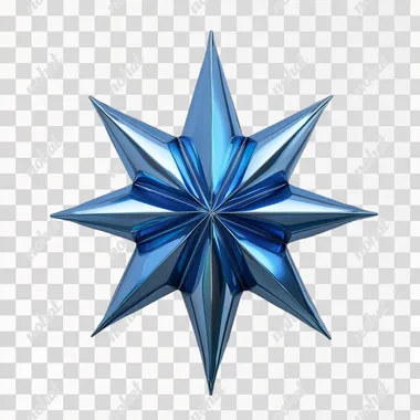 A slightly domed star in electric blue titanium, white cyclo background, studio lighting