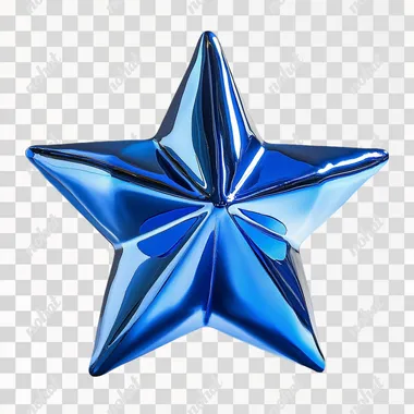 A slightly domed star in electric blue titanium, white cyclo background, studio lighting