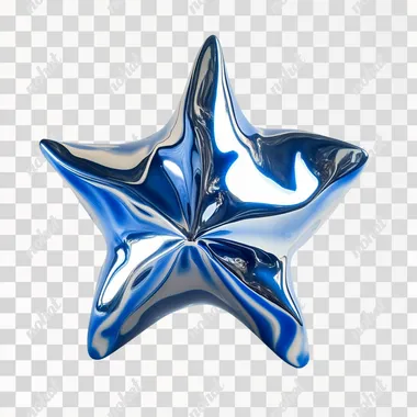 A slightly domed star in electric blue titanium, white cyclo background, studio lighting