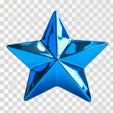 A slightly domed star in electric blue titanium, white cyclo background, studio lighting