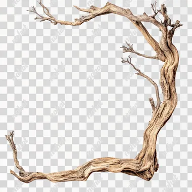 wooden roots border frame decor, on white background ar 2:3